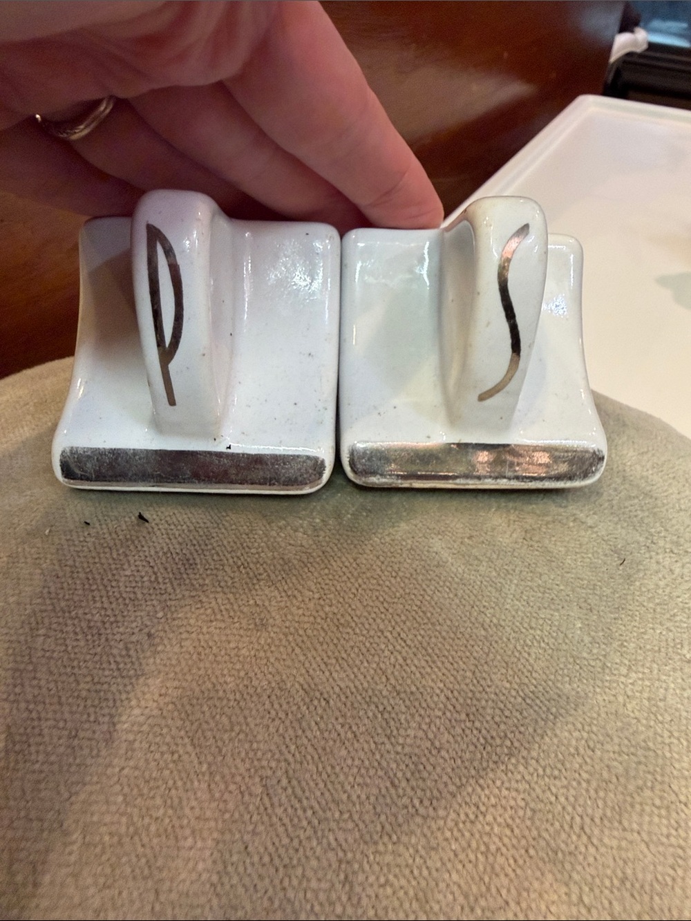 Vintage Art Deco style White Ceramic Salt and Pepper Shakers with Silver Accents